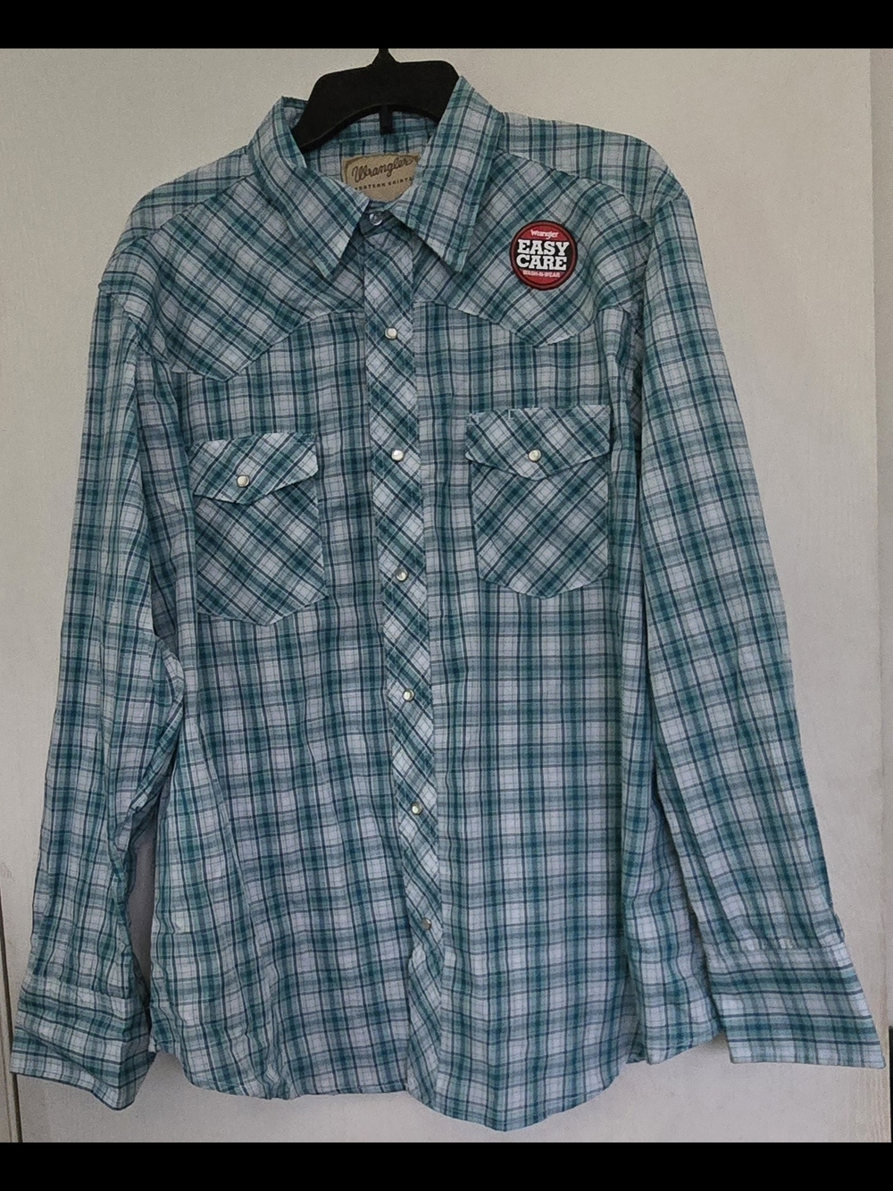 NWT XL Wrangler Teal and White Plaid Western Button-Down Shirt